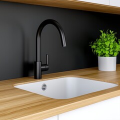 Wall Mural - Modern minimalistic kitchen interior design featuring black accents and white cabinetry with natural light