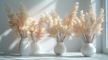 Wall Mural - Creamy flowers in vases, sunlight, window, home decor