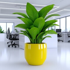 Wall Mural - Modern open-space office interior featuring a plant in a yellow pot on a white wall background