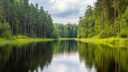 Wall Mural - Serene forest landscape reflecting on calm water under a cloudy sky, showcasing nature's tranquility