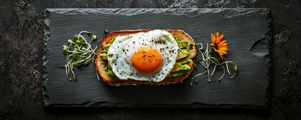 Wall Mural - Sourdough toast topped with creamy avocado, soft poached egg, and fresh sprouts, garnished with flower, creating vibrant and appetizing dish