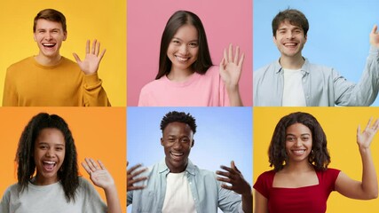 Poster - A collage featuring multiracial individuals waving hello with happy expressions. Each person showcases positivity against colorful backgrounds, expressing greeting emotions vibrantly.