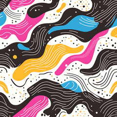 Poster - Abstract Artistic Forms with Wavy Lines and Spots Design in Pink Blue Yellow and Brown on White