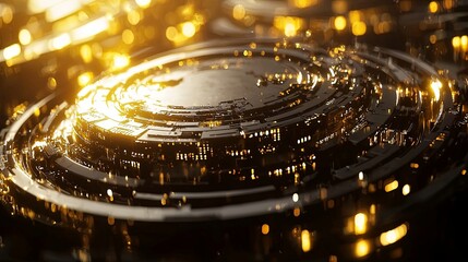 Poster - Abstract Golden Circles with Glowing Lights and Reflective Surface