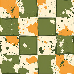 Poster - Abstract Checkered Pattern with Green and Orange Color Splashes Bold and Creative Design Texture
