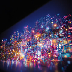 Poster - Abstract Cityscape Mosaic of Illuminated Windows and Reflections on Wet Surface at Night