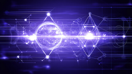 Poster - Abstract Cybernetic Network with Glowing Nodes and Geometric Forms on Dark Purple Backdrop