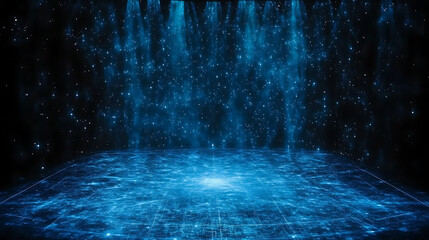 Poster - Abstract Cybernetic Space with Glowing Blue Particle Field and Digital Grid on Ground Plane