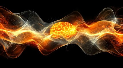 Poster - Abstract Vibrant Brain Concept with Flames and Light Waves