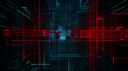 Poster - Abstract Digital Cyberpunk Grid with Red and Blue Lines Creating a Technological Atmosphere