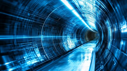 Poster - Futuristic Blue Tunnel with Light Beams Creating Motion Illusion