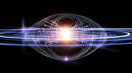Poster - Abstract Digital Sphere with Glowing Center and Light Trails on Dark Background Concept