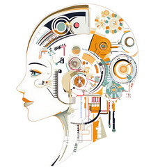 Poster - abstract feminine android machine head design with intricate internal mechanisms and complex compone