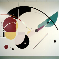 Poster - Abstract Geometric Composition with Circles Arcs and Lines in Varied Tones on White Wall