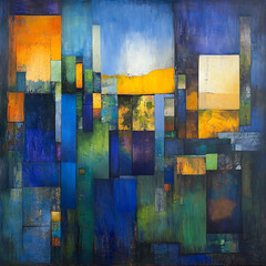 Poster - Abstract Geometric Landscape in Blue Green and Orange Tones Painting Style Textured Canvas