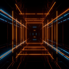 Poster - Abstract Geometric Light Tunnel With Reflection and Neon Glow in Cyberpunk Architectural Style