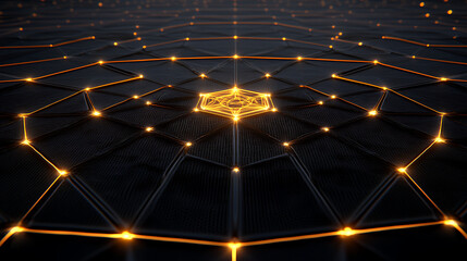 Poster - Abstract Geometric Network with Luminous Interconnections and Central Pentagonal Design