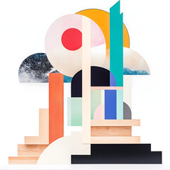 Poster - Abstract Geometrical Arrangement of Shapes in Multiple Colors and Textures on White Surface