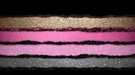 Poster - Abstract Glitter Layers Pink Gold and Gray Sand Like Textures on a Black Background Design Element