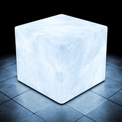 Poster - Abstract Glowing Light Blue Cube Displaying Futuristic Design on Tiled Floor Against Black Backdrop