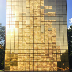 Poster - Abstract Golden Building Facade Geometric Design Art Square Textures in Sunlight Reflections