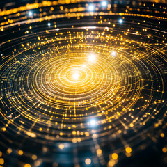 Poster - abstract golden concentric circles network of interconnected data nodes in a digital vortex view