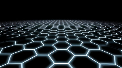 Poster - Abstract Hexagonal Grid Pattern with Glowing Edges in Perspective on a Black Background