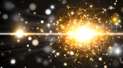 Poster - Abstract Image Featuring Luminous Sphere Surrounded by Intertwined Glowing Lines and Light Bursts