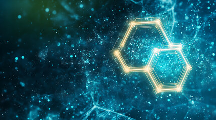 Poster - Abstract Interconnected Hexagons Amidst Sparkling Blue Particles Digital Visualization Technology