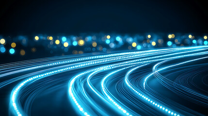 Poster - Abstract Lines of Light on Dark Blue Background with Defocused Light in Distance Night City