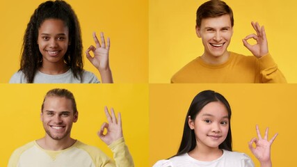 Poster - Four individuals of different ages and backgrounds display the okay gesture, conveying joy and positivity against a vibrant yellow background, highlighting diversity and unity.