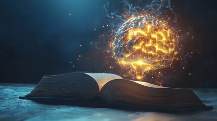 Poster - Mystical Book with Glowing Brain Concept Illuminating Knowledge