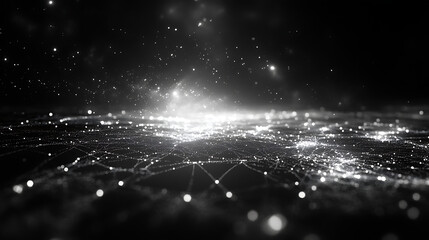 Poster - Abstract Network Connection with Glowing Nodes and Data Flow in a Digital Universe Black and White