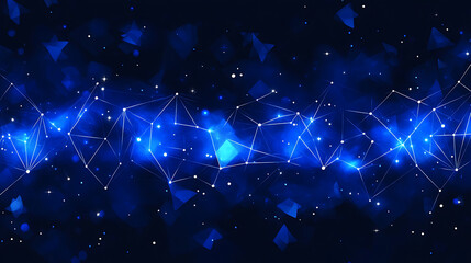 Poster - abstract network of geometric shapes and glowing particles against a dark blue bokeh background