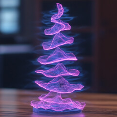 Poster - Abstract Plasma Waves Hologram Display on Wooden Surface in Blurry Room with Purple Glow