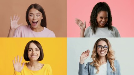 Poster - Four individuals express joy through smiles and hand waves, showcasing diversity style. Each person brings a unique energy to this cheerful greeting.