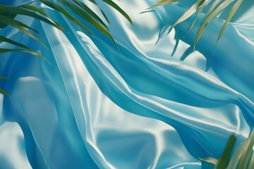 Wall Mural - Blue silk fabric draped, palm leaves, studio