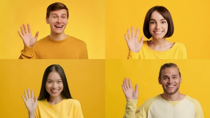Poster - A collection of diverse individuals smiling and waving hello in a bright yellow setting. Each person expresses joy and warmth through their gestures, showcasing a friendly atmosphere.