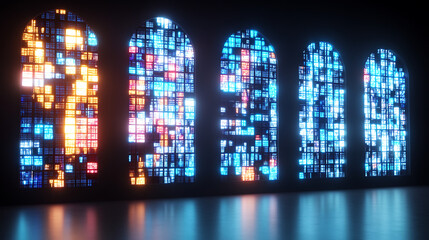Poster - Abstract Stained Windows Glowing in a Dark Room Contemporary Religious and Spiritual Design