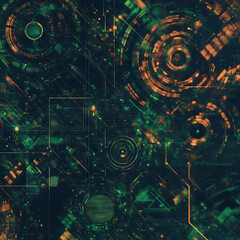 Poster - Abstract Technology Interface with Circular Motifs and Interconnected Network Elements Design