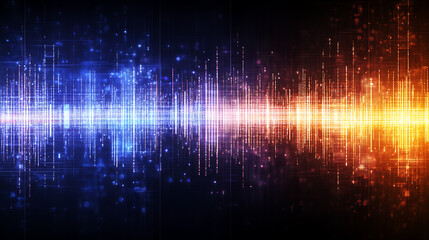 Poster - abstract visualization of sound spectrum with digital lines and energy particles gradient