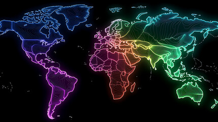 Poster - Abstract World Map Outlines with Vibrant Gradient Color Lines on Dark Background Topographic Design