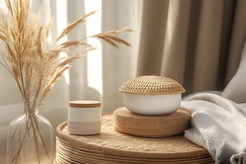 Wall Mural - Cozy home d?cor  wicker, candle, pampas, sunlight