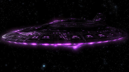 Poster - advanced extraterrestrial starship with powerful purple energy in the cosmic space landscape