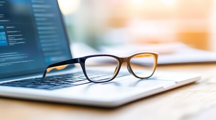 Poster - Close-up of eyeglasses resting on a laptop keyboard with blurred background workspace