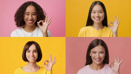 Poster - Four women of different backgrounds display the okay gesture, smiling brightly against vibrant yellow and pink backgrounds. Their expressions convey a sense of joy and unity.