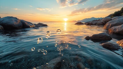 Canvas Print - Sunset bubbles rising in calm sea water near rocky shore.