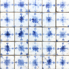 Poster - Antique Ceramic Tile Texture Pattern with Distressed Blue Floral Motifs Decorative Background