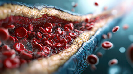 Poster - 3D cutaway view of human artery showing cholesterol buildup and red blood cells flowing. This detailed illustration highlights impact of cholesterol on blood circulation