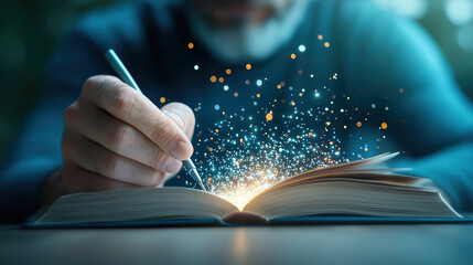 Aufkleber - person writing in book, creating magical sparks and light. scene captures creativity and inspiration, showcasing art of storytelling